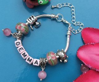silver pinks child   baby NAME CHARMS bracelet 6in 7in choices in