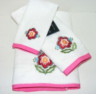 Rowley POP FLORAL 3pc Bath Towel Set WHITE/Pink Dobby Mod Flower Power