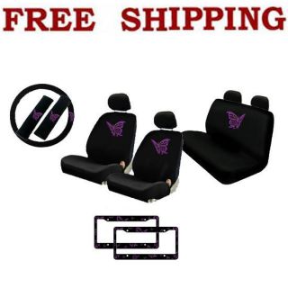 New 15pcs Set Purple Butterfly Car Front Rear Seat Covers License