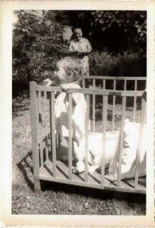 Antique Photograph Adorable Little Baby in Play Pen in the Yard