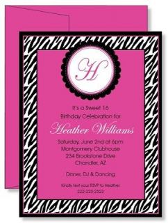 12 Custom Personalized Zebra Print Pink Birthday Party Invitations
