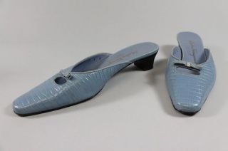 SALVATORE FERRAGAMO Blue Snakeskin Print Bow Trim Mules Slides Heels