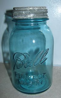 Antique Quart Ball Perfect Mason Aqua Blue Glass Jar Zinc Lid # 1