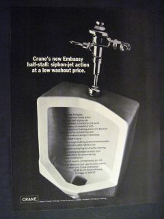 Vintage image of mens bathroom urinal by Crane Plumbing 1969 Print Ad