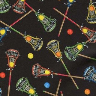 LACROSSE STICKS AND BALLS ON BLACK Cotton Fabric BTY for Quilting