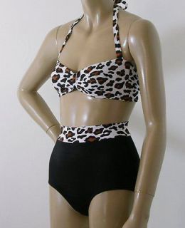 White Leopard Retro Bandeau and High Waisted Bottom Bikini