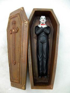 DRACULA VAMPIRE IN SUIT FIGURINE with CROSS TOPPED CASKET COFFIN SET