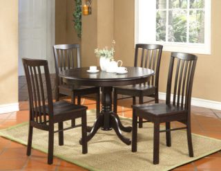 5PC ROUND DINETTE KITCHEN DINING TABLE WITH 4 PLAIN WOOD SEAT CHAIRS