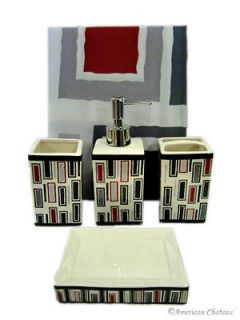 5pc Red Retro Bathroom Set ~Shower Curtain+Accessories