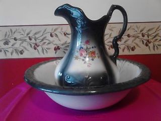 VINTAGE PEARL GRAY AND WHITE IRON STONE CERAMIC PITCHER AND BASIN