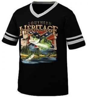 Heritage Fly Fishing Mens V neck Ringer T shirt Confederate Flag Bass
