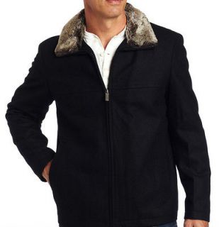 NWT Nautica Mens Zip Front Black Wool Coat Jacket with Fur Collar