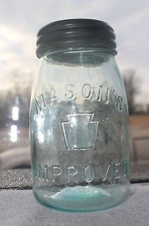 NICE HARD TO FIND OLD 1800S .MASONS KEYSTONE MIDGET PINT FRUIT JAR