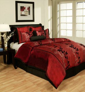 New Black Burgundy Red Laurel Bedding Faux Silk Comforter set Queen