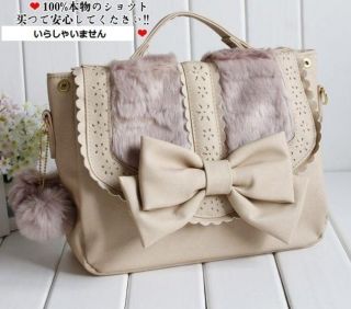 Princess Fur Ribbon Bow Lace Satchel Leather Handbag 3 WAY Backpack