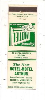 Hotel Motel Arthur Highway 12 Benson MN Matchbook
