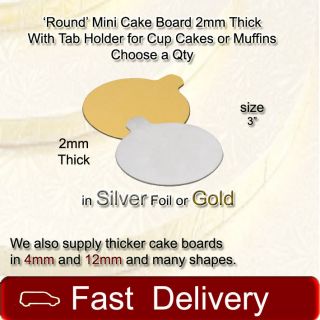 100 x Round Mini Cake Boards 2mm Thick With Tab for Holding Cup Cakes