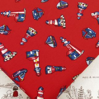 SAILBOAT YACHT & LIGHTHOUSE BEACON on RED 100% COTTON FABRIC #A152