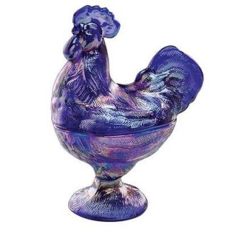 Carnival Blue Rooster Chicken Glass Candy Nut Dish Farm Home