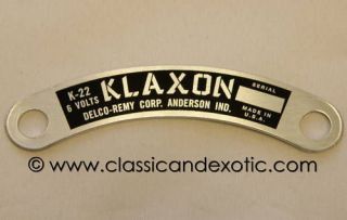 KLAXON K 22 HORN ID TAG CADILLAC STUTZ DUESENBERG J & MANY OTHER CARS