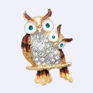Enamel Bird Night Owl Mother & Baby Rhinestone Crystal Brooch Pin B713