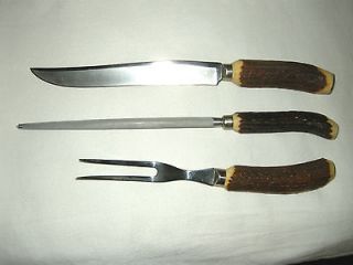 VINTAGE STAG BONE HANDLED PERSONNA 3 PIECE CARVING SET WITH CASE