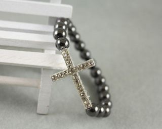 Red Pearl Glass Bead BLACK Cross Stretch Bracelet ADJUSTABLE