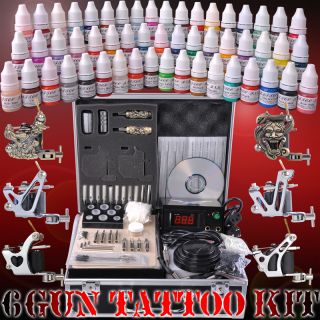 Complete Tattoo Kit 54 Color Ink 6 Machine Guns Set LCD Power Supply