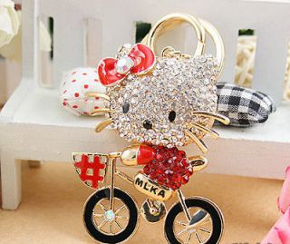Bicycle Hello Kitty Cute Cat Swarovski Crystal Charm Pendant Key Bag