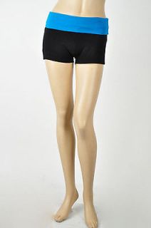 Two tone fold over waistband yoga style stretch shorts with contrast