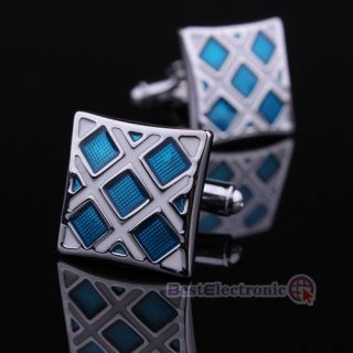 Men`s Party Square Shape Blue Checked Grid Cufflinks Cuff Links