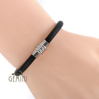 Men Women GENUINE RUBBER Black Stainless Steel Wristband Bracelets B23