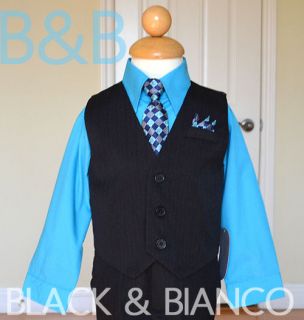 Boys Toddler Pinstripe Black Vest Turquoise Suit Outfit (0 24 Months