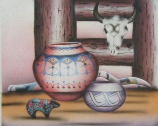 INDIAN POTS AND COW SKULL 20 x 24 Mixed Media Painting on Canvas by