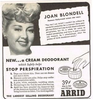 1944 Arrid Cream Deodorant Joan Blondell Movie Star Underarm Vintage