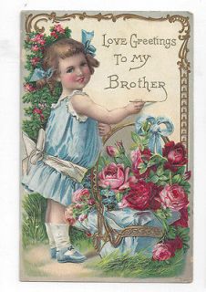 Antique 1914 Post Card Victorian Girl LOVE GREETINGS TO MY BROTHER