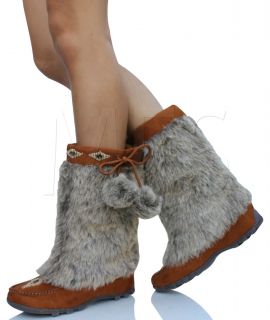 Womens Mukluk Fur Suede Mocassin Flat Boots British Tan Soda Sku