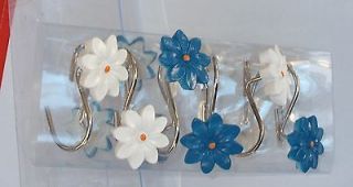 BLUE   WHITE DAISY FLOWER SHOWER CURTAIN HOOKS ~ SET of 12 ~ NEW