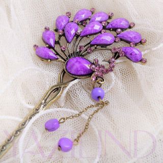 peacock purple resin crystal bronze bookmark hair pin stick ornament