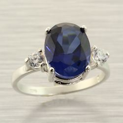 Blue Sapphire Lab Created 10x8mm Oval Accented Sterling .925 Ring