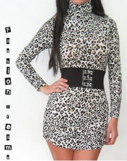 WHITE LEOPARD ANIMAL PRINT LONG SLEEVE TURTLENECK RUCHED STRETCH MINI