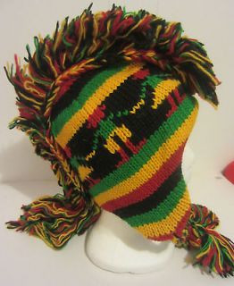 Hand knitted wool Bob Marley Mohawk Hat Beanie ear flap fleece lined