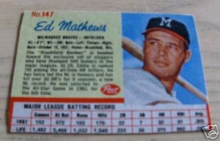 1962 POST ED MATHEWS #147 VG EX MILWAUKEE BRAVES