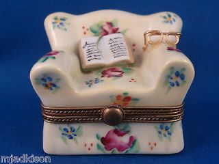 Comfortable Chair with Book & Glasses authentic LIMOGES box