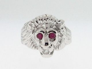 Large Lion Head Natural Ruby Diamond Solid 18k White Gold Mens Ring