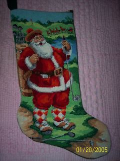 Completed handstitched needlepoint Golfing Santa stocking NEW w