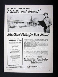 Richmond Homes Factory Built Prefab Houses 1956 print Ad advertisement