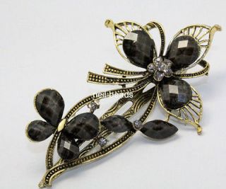 fashion lady gray beads butterfly big hair barrette clamp clip #