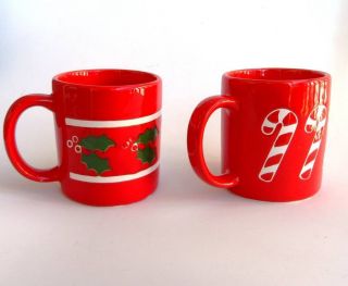 Vintage RELPO Japan Coffee Mugs Cups RED Candy Cane Holly Christmas