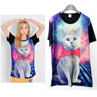 loose fitting galaxy russian blue cat prints mini dress t shirt top